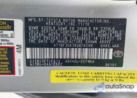 2011 Toyota Camry z USA, uszkodzony, nr VIN 4T1BF3EK3BU676288